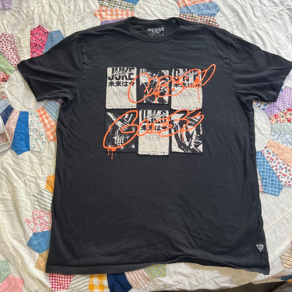 Guess Mens Graphic T-Shirt Black Orange Graffiti Streetwear M2BI69KBDK0 Size S